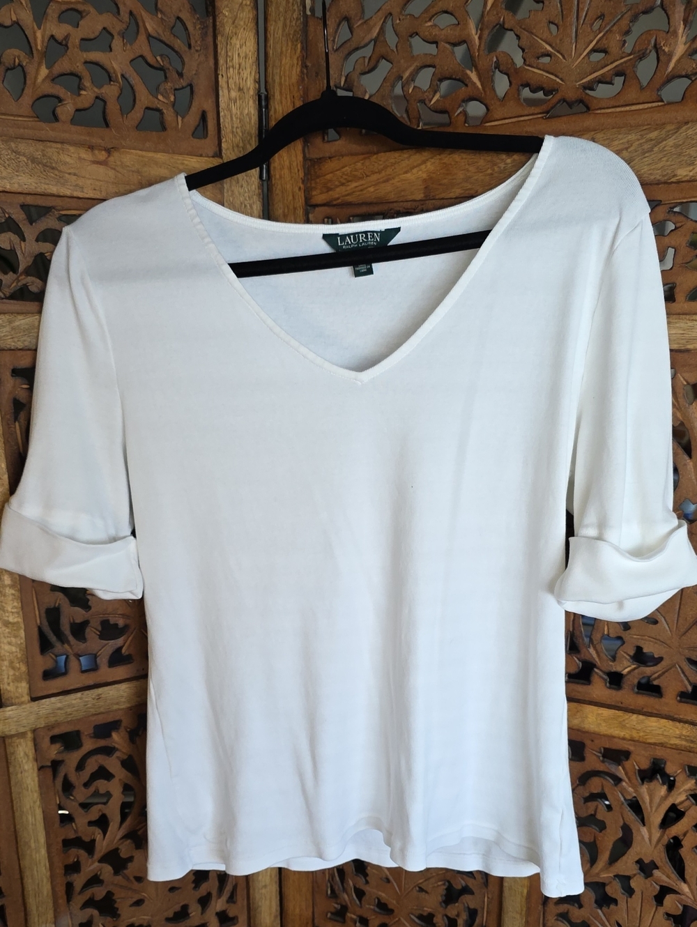 Lauren Ralph Lauren Cream V-Neck Roll-Sleeve Women's Top